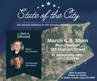 Flyer for 2026 state of the city with City Manager John Mauro and Mayor Amy Howard 
