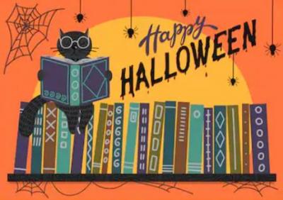 Halloween image with a cat reading books 