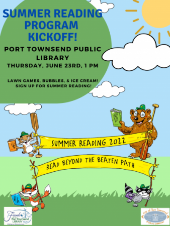Summer Reading Program Kickoff Poster. Details of the event are listed as well as art from Dana Sullivan