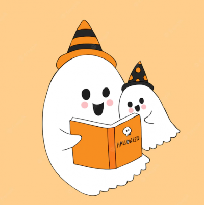 Two ghosts reading a book